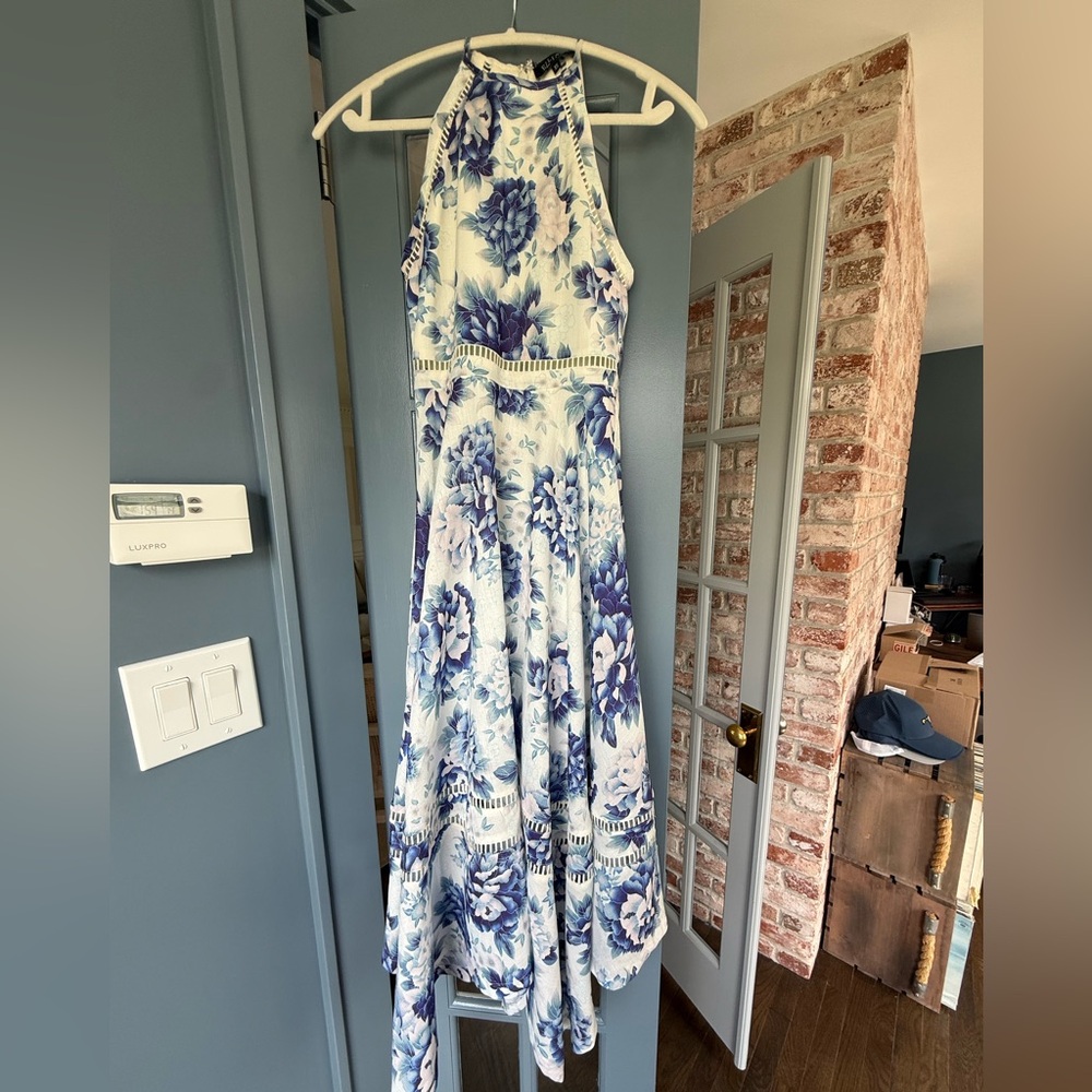 Elliatt Blue and White Halter High-Low Floral Dress